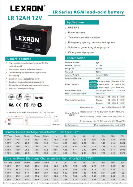 Lexron 12AH 12V AGM Akü, güvenlik ve alarm sistemleri, UPS'ler ve acil aydınlatmalar için idealdir. Bakım gerektirmeyen yapısıyla güvenilir ve uzun ömürlü enerji sunar.