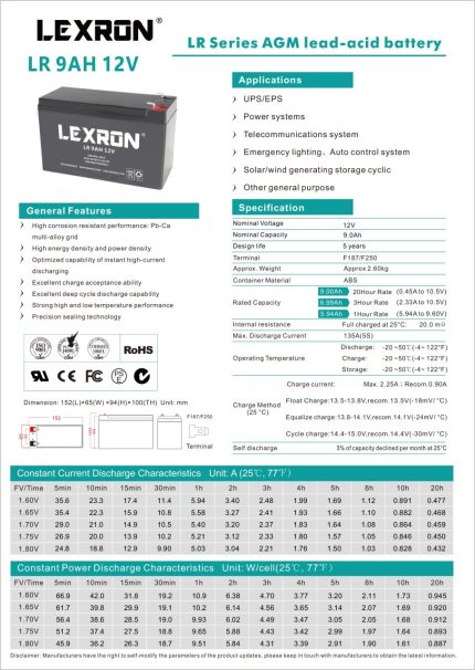 Lexron 9AH 12V AGM Akü, güvenlik sistemleri, UPS'ler ve acil durum aydınlatmaları için ideal. Bakım gerektirmez, kompakt ve her pozisyonda güvenle çalışır!